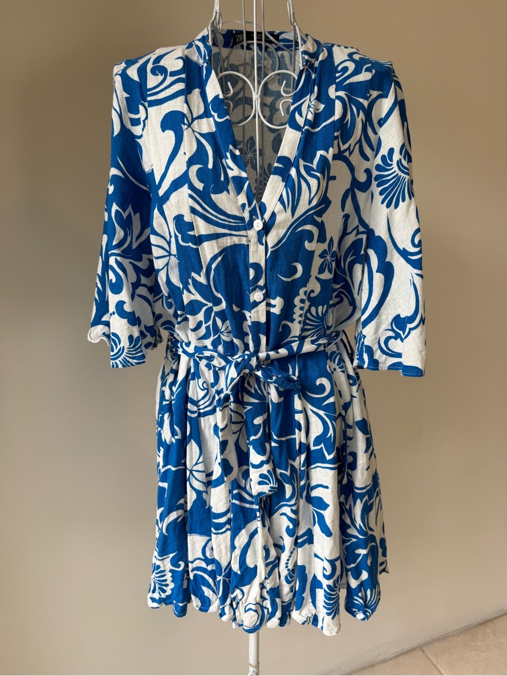 Zara Blue White Floral Linen Blend Belted Mini Dress Bell Sleeve Size M